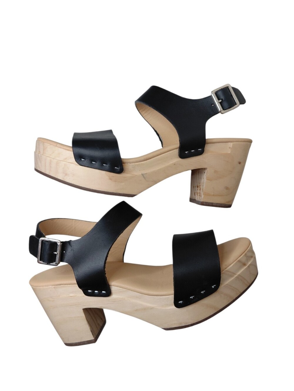Nisolo Black Leather All Day Open Clog Wooden Heel Sandals Size 6.5